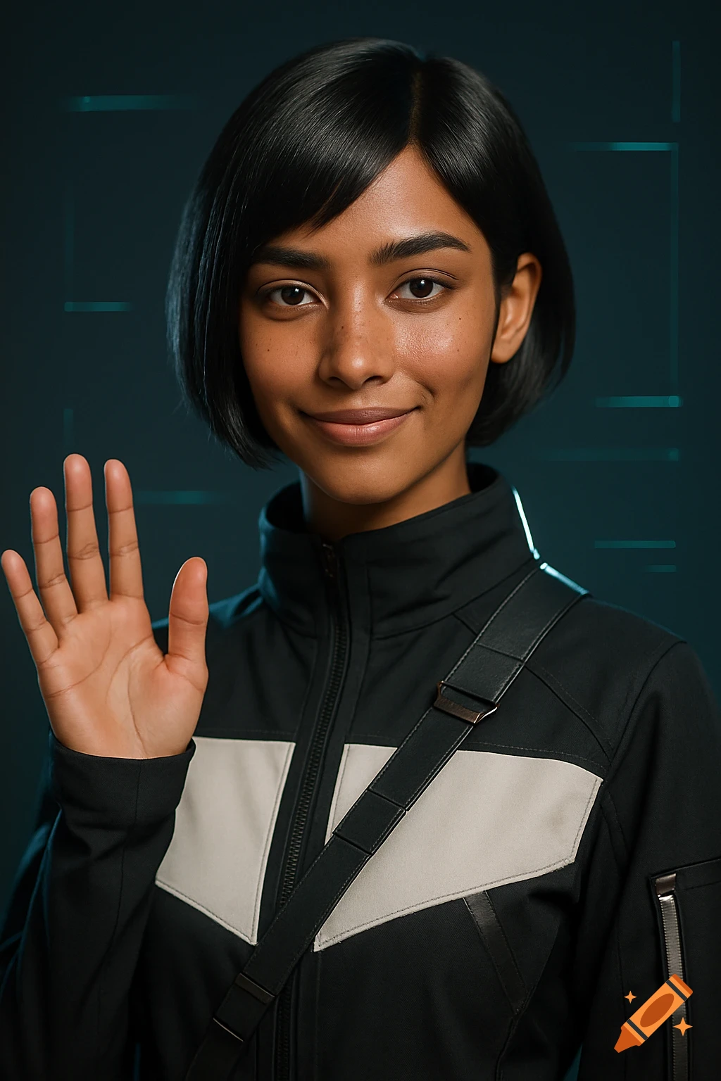 Photorealistic portrait of a smiling young woman with dark skin and short bob, in techwear jacket, waving in a dim studio with teal UI.