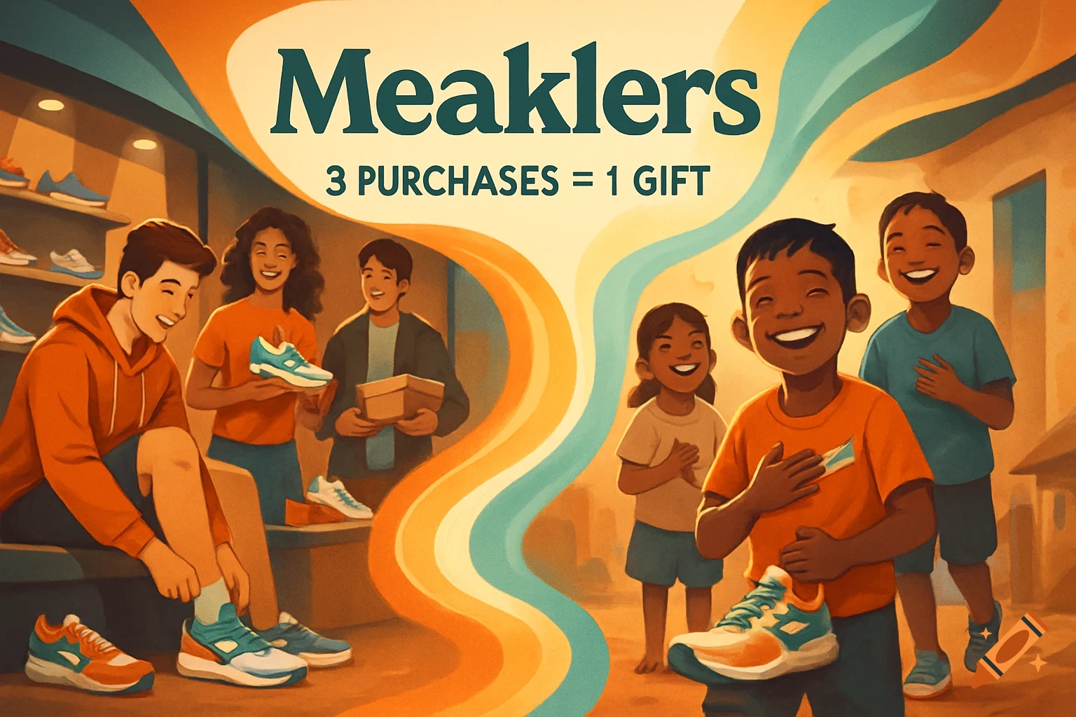 Illustration of young people shopping for sneakers and children happily receiving new shoes, with text 'Meaklers 3 PURCHASES = 1 GIFT'.