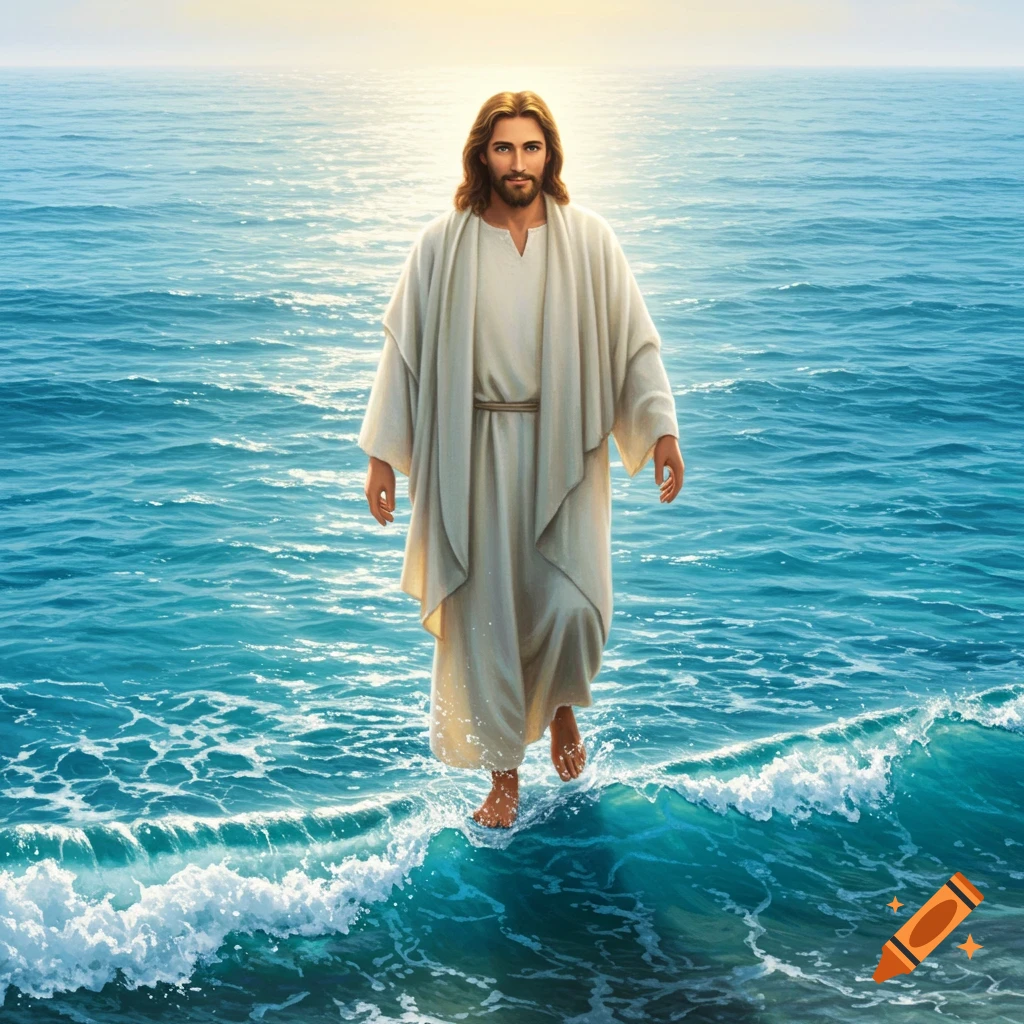 Jesus with long brown hair and a beard, wearing white robes, walks calmly on bright blue ocean waves under a serene sky.