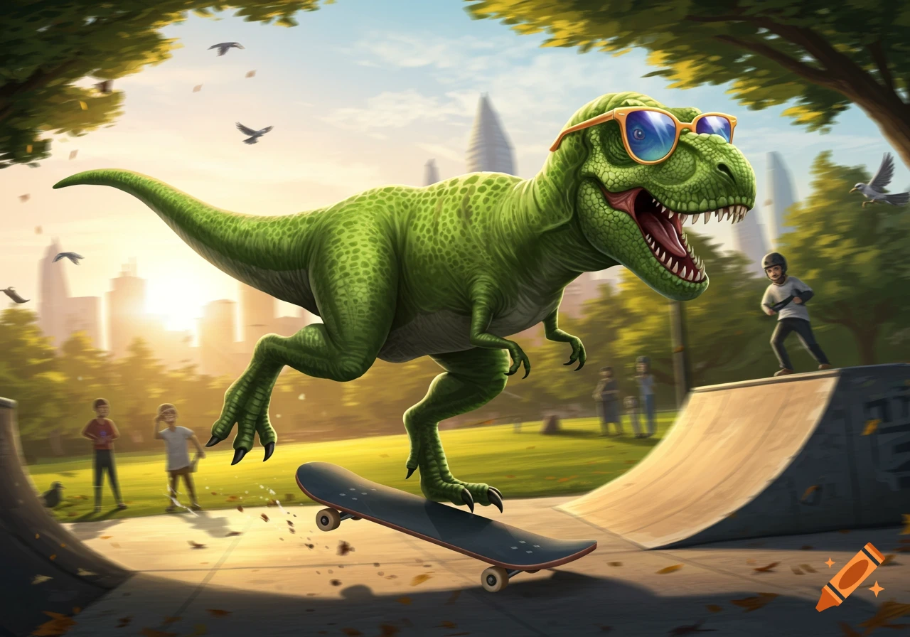 A cartoon green T-Rex wearing sunglasses skateboards through a sunny park with kids and city buildings in the background.