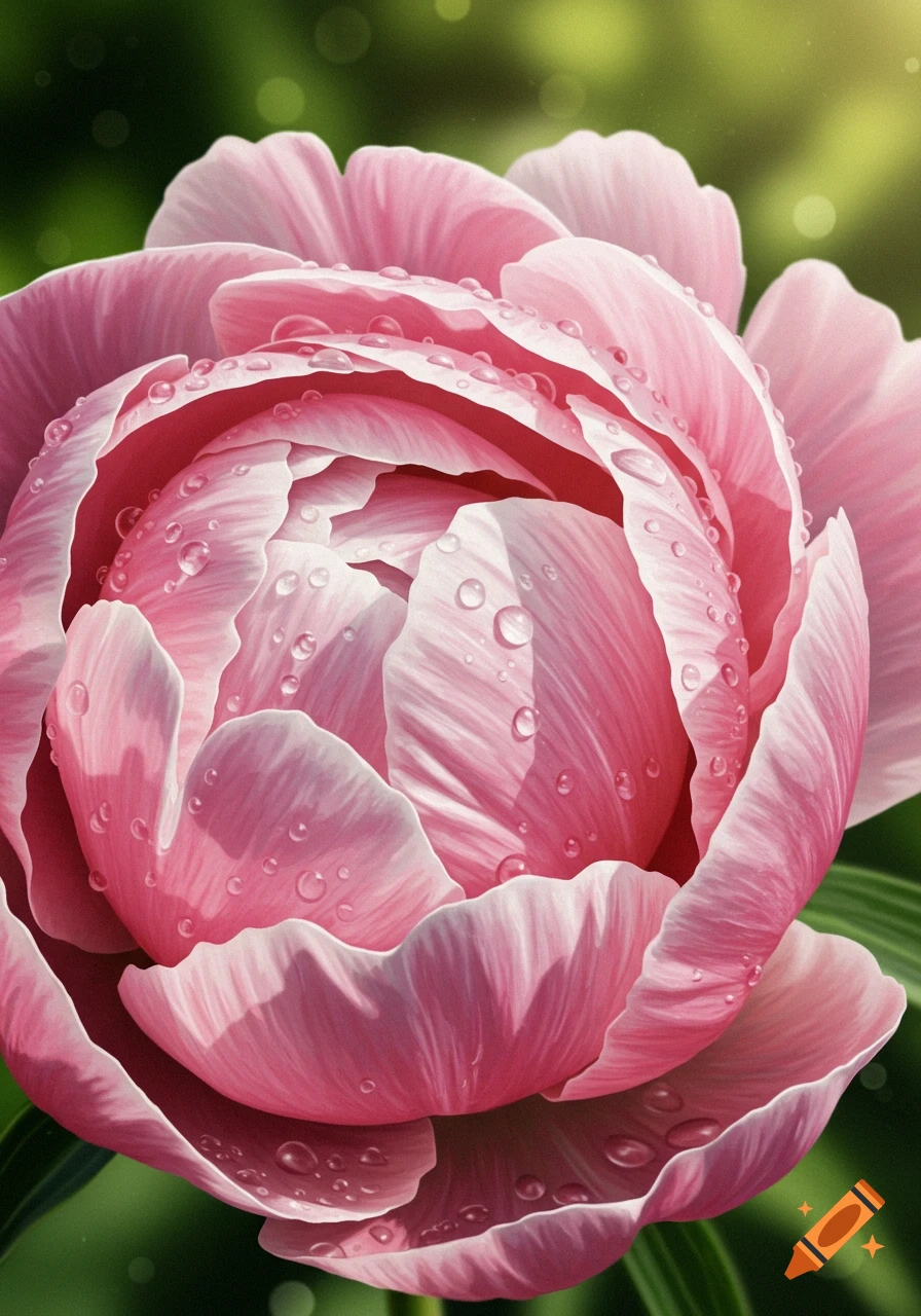 Close-up of a vibrant pink peony flower with numerous water droplets on its petals, set against a soft green background.