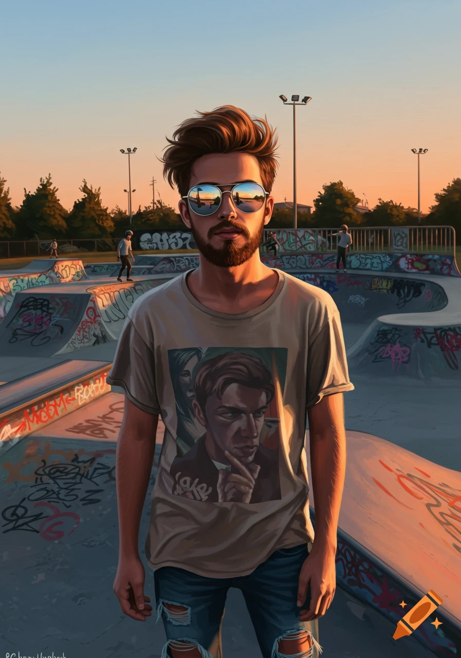 Digital painting of a bearded man in sunglasses and a graphic tee, standing in a graffiti-covered skateboard park at sunset.