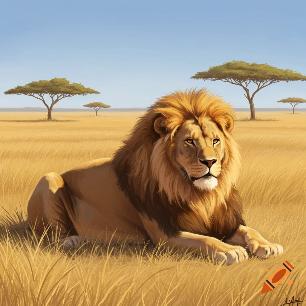 A majestic lion with a golden mane rests in tall, dry savanna grass under a clear blue sky, with acacia trees in the background.