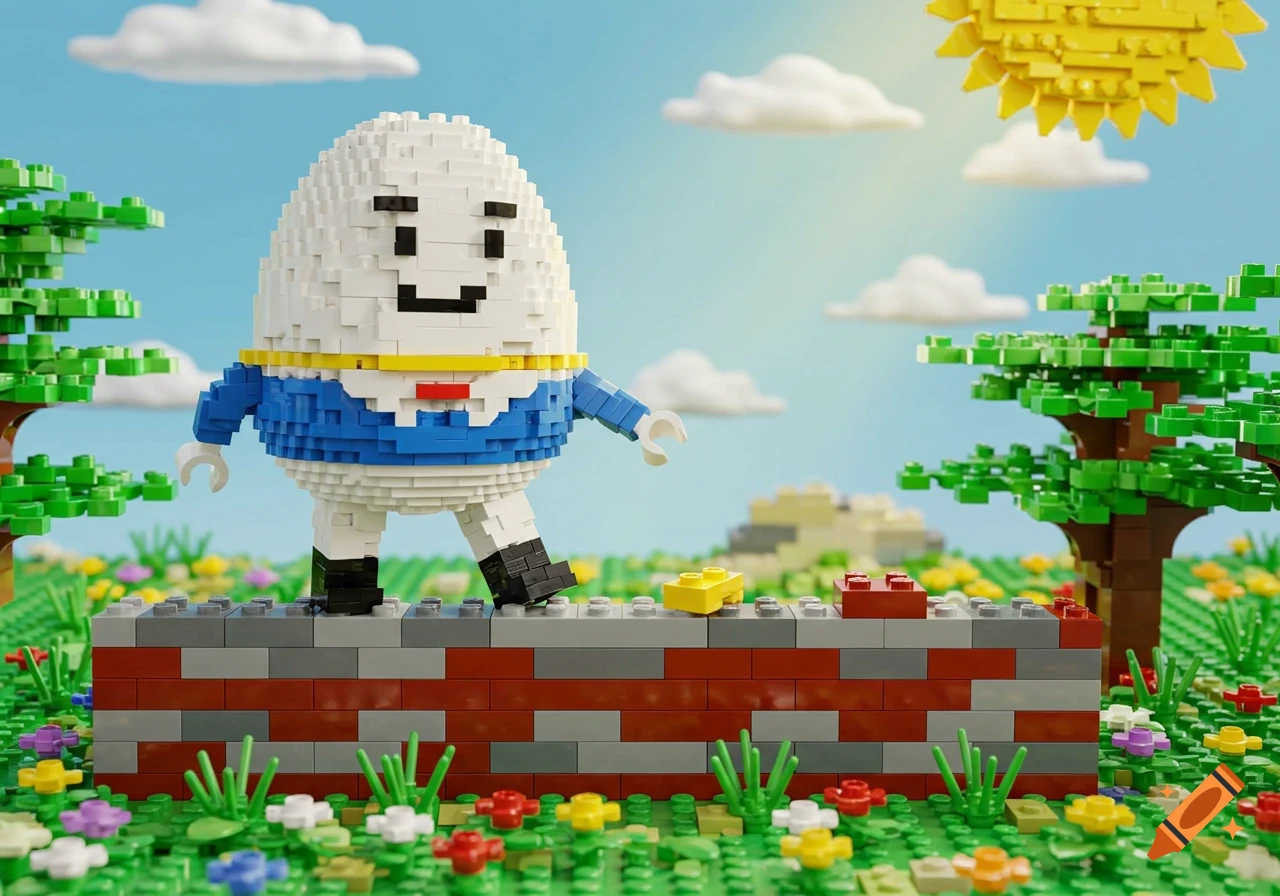 Lego Humpty Dumpty in a blue suit stands on a brick wall in a colorful Lego landscape with trees, flowers, and a yellow sun.