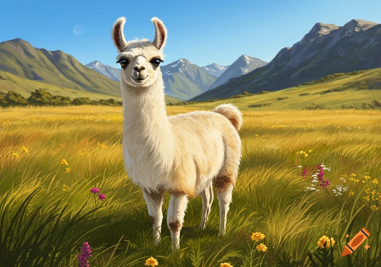 A cream-colored llama stands facing forward in a sunny, wildflower-filled mountain meadow under a clear blue sky.