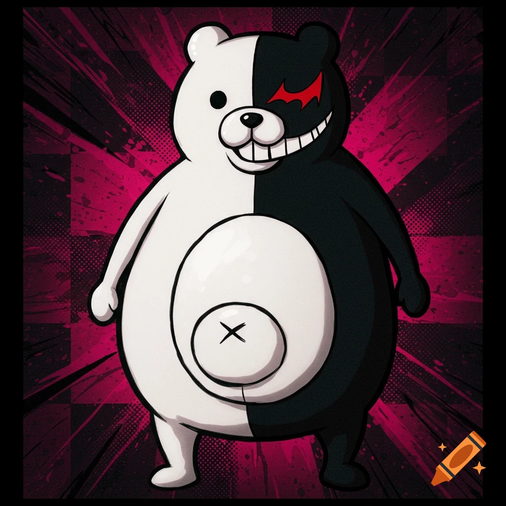 A stylized black and white Monokuma bear from Danganronpa with a wide smile, a red eye design, and a very large round white belly with an 'X' on it, against a pink and black striped background.