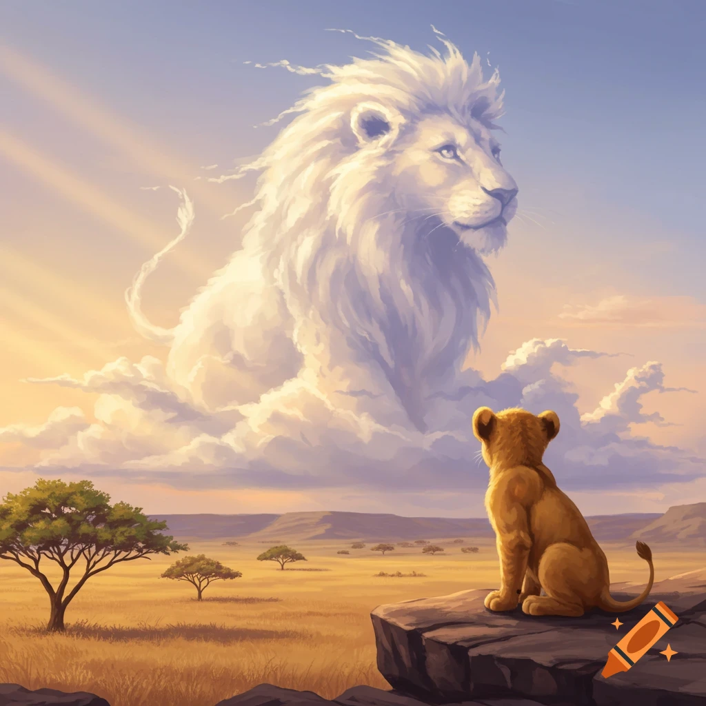 A lion cub sits on a rock, looking out at a savanna landscape where a large lion-shaped cloud appears in the sky during sunset.