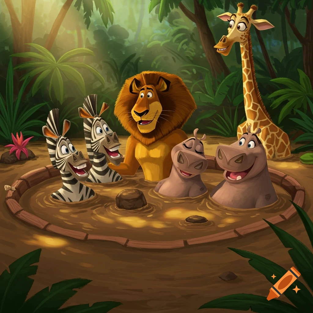 The Madagascar characters Alex, Marty, Gloria, Melman, and two zebras relax in a jungle mud hot tub.