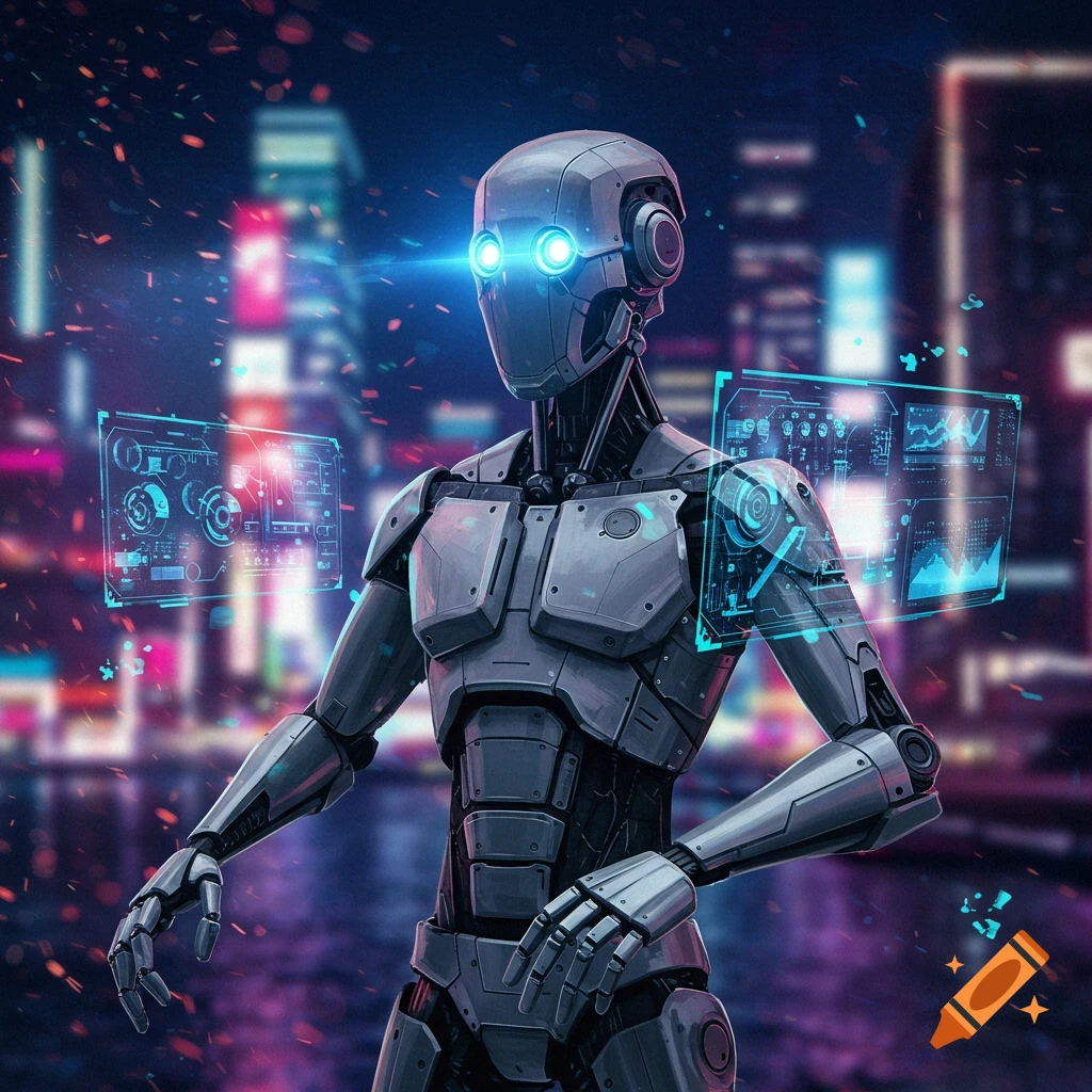 A sleek silver robot with glowing blue eyes stands in a neon-lit futuristic city, with holographic data screens floating beside it.