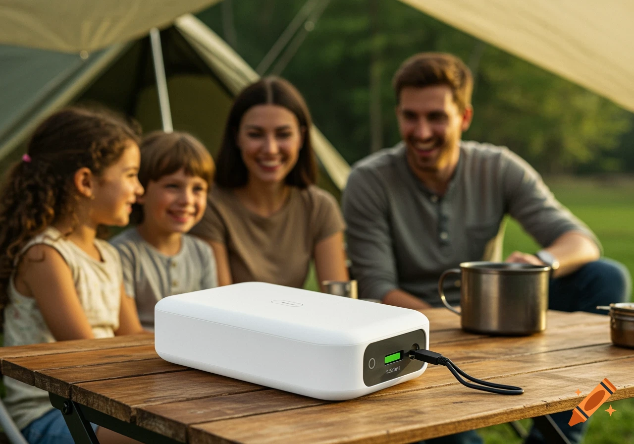 A white portable charging case on a wooden table, with a blurred family enjoying camping in the background.
