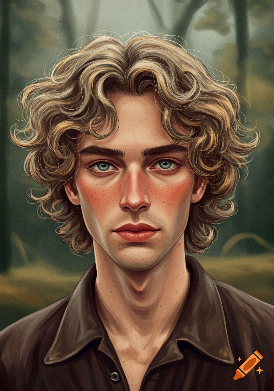 Digital painting portrait of a young man with dirty blonde curly hair, blue eyes, and freckles, wearing a brown shirt, against a blurred green background.