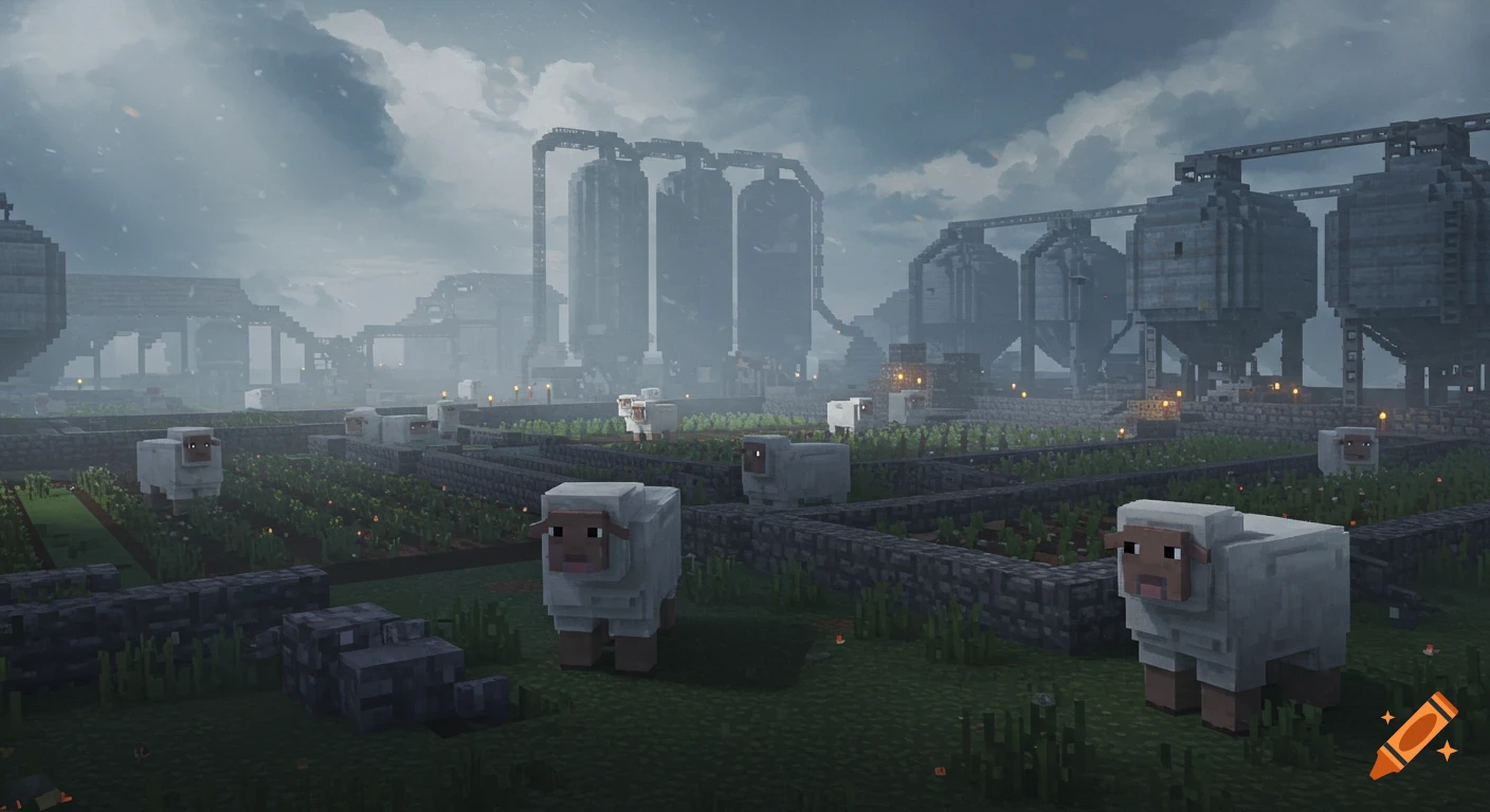 Minecraft-style industrial farm scene with sad sheep, fog, and large blocky silos under a cloudy sky.