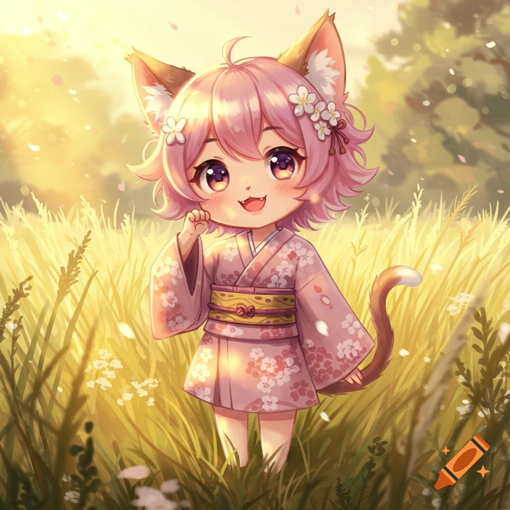 A cute pink-haired chibi anime cat girl in a cherry blossom kimono stands smiling in a sunlit grassy field with falling petals.