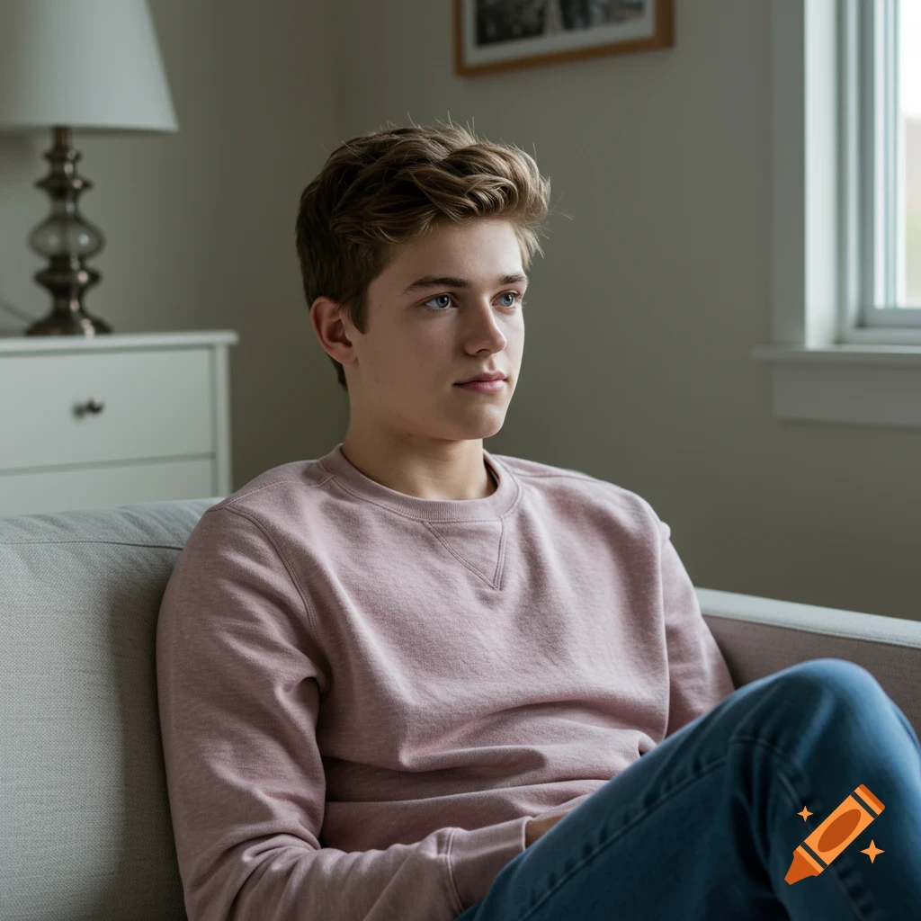 A teenage boy with light brown hair and blue eyes sits calmly on a couch wearing a pink sweatshirt and jeans.