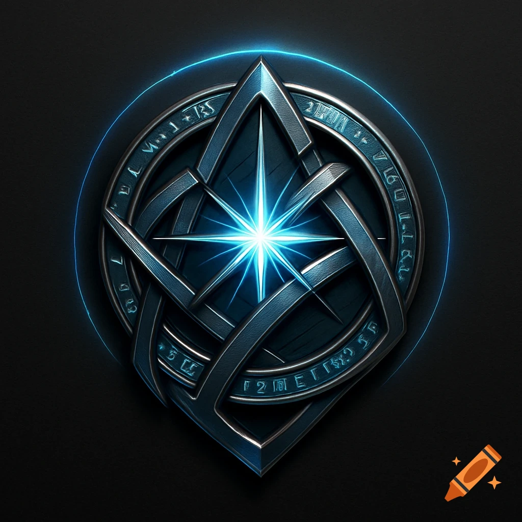 Metallic sci-fi logo with a glowing blue starburst center and etched runic patterns on a dark background.