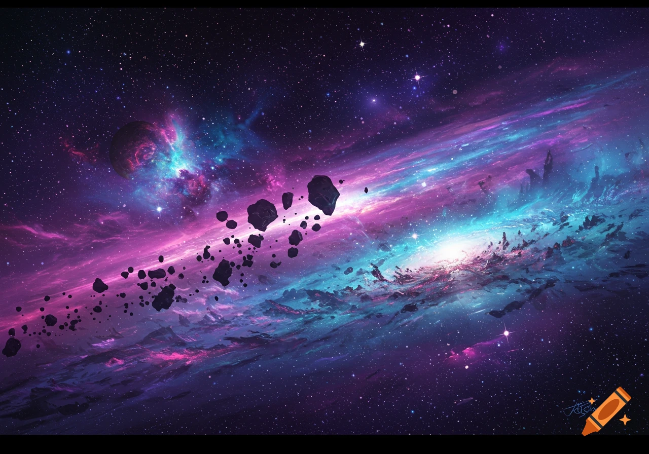 Vibrant purple and blue nebula in space with a field of asteroids and numerous stars, cosmic background.