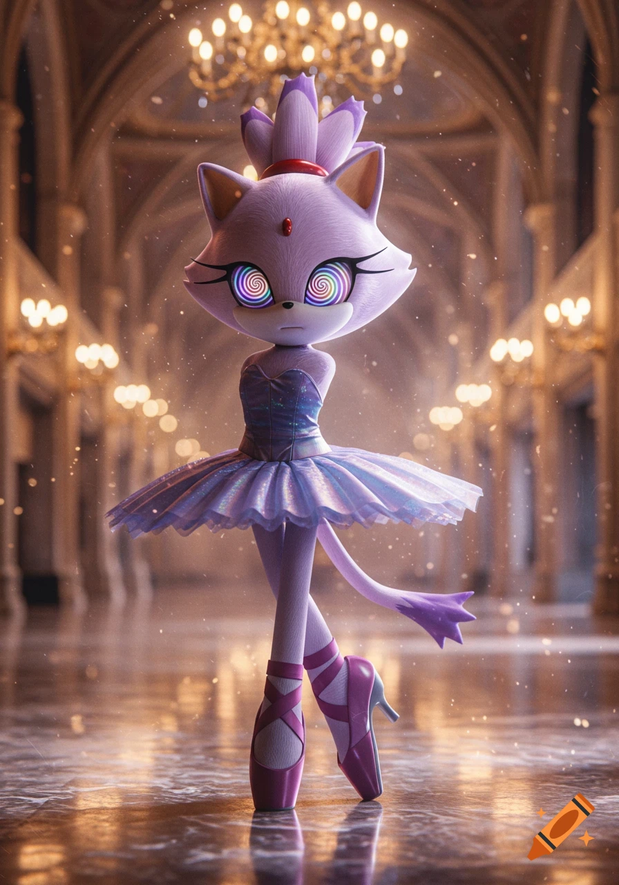 Blaze the Cat in a ballerina outfit with spiral eyes, standing in a grand ballroom.