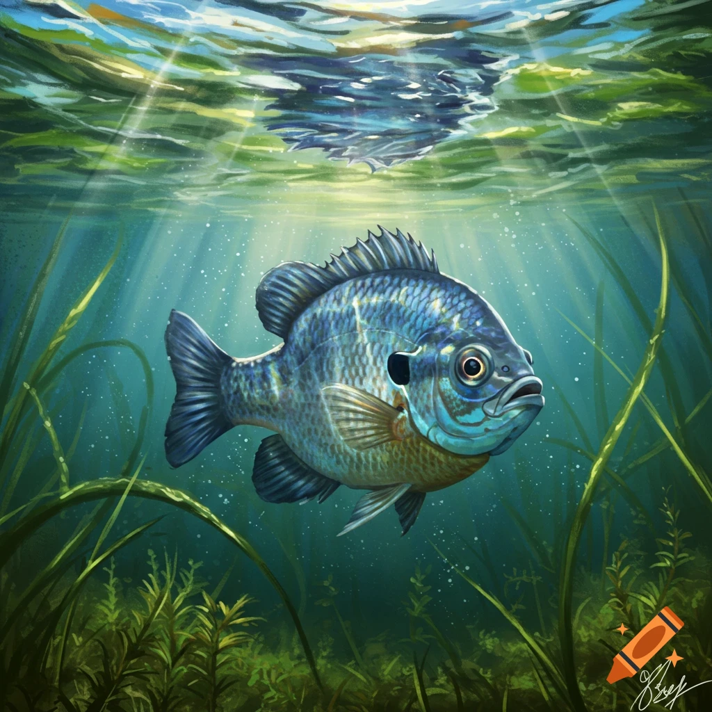A bluegill fish swims underwater amidst green aquatic plants with sunbeams shining down from the surface in a digital painting style.
