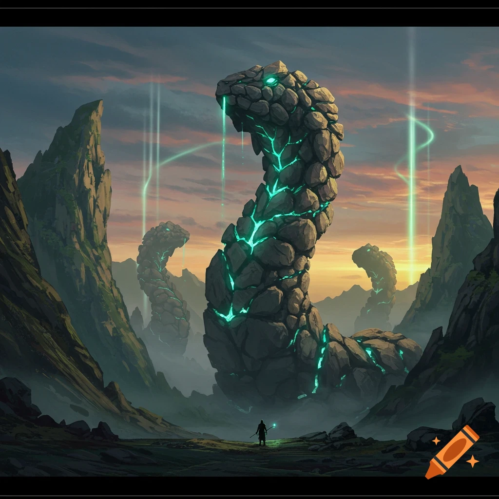 A small figure stands before colossal rock snake monsters with glowing green cracks, in a vast, misty mountain landscape at sunset. Fantasy art.
