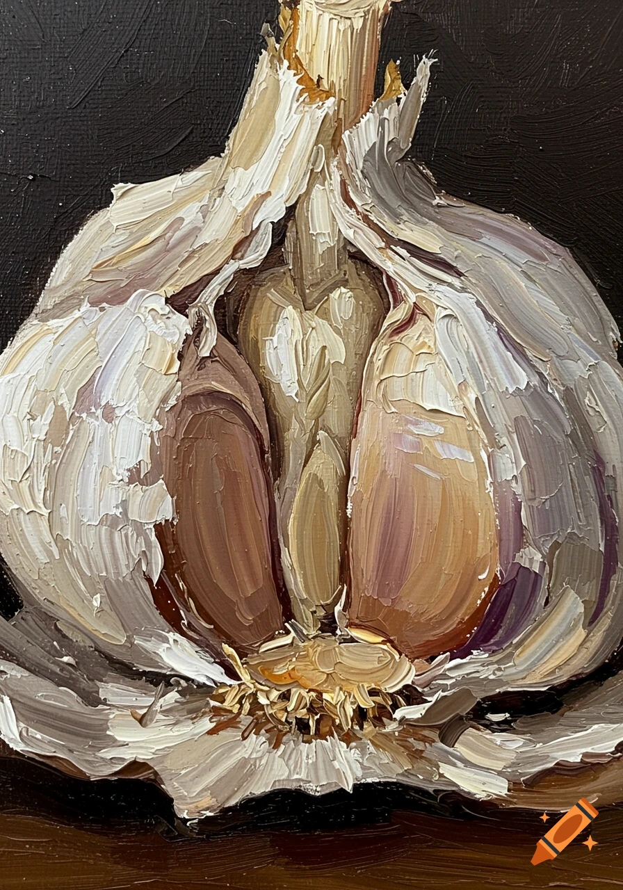 A close-up impasto oil painting of a raw garlic bulb, showing textured white and purple-brown cloves against a dark background.