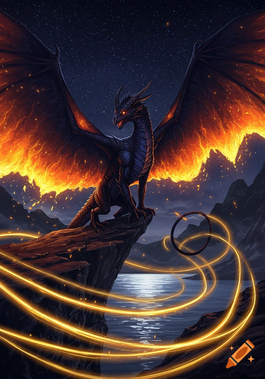 A majestic black dragon with fiery wings perches on a cliff overlooking a moonlit lake at night, with glowing golden lines swirling around.