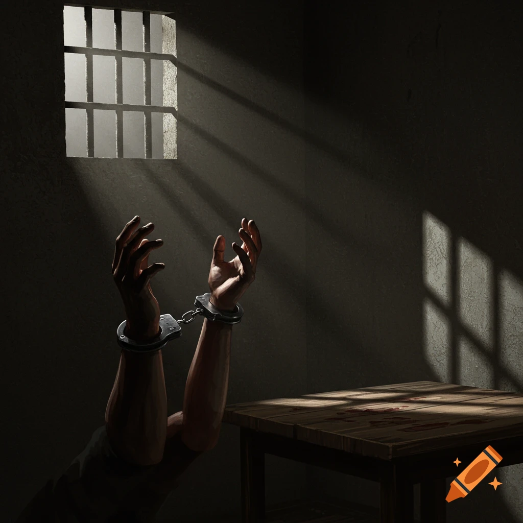 Handcuffed hands reach towards light from a barred window in a dark prison cell with a stained wooden table.