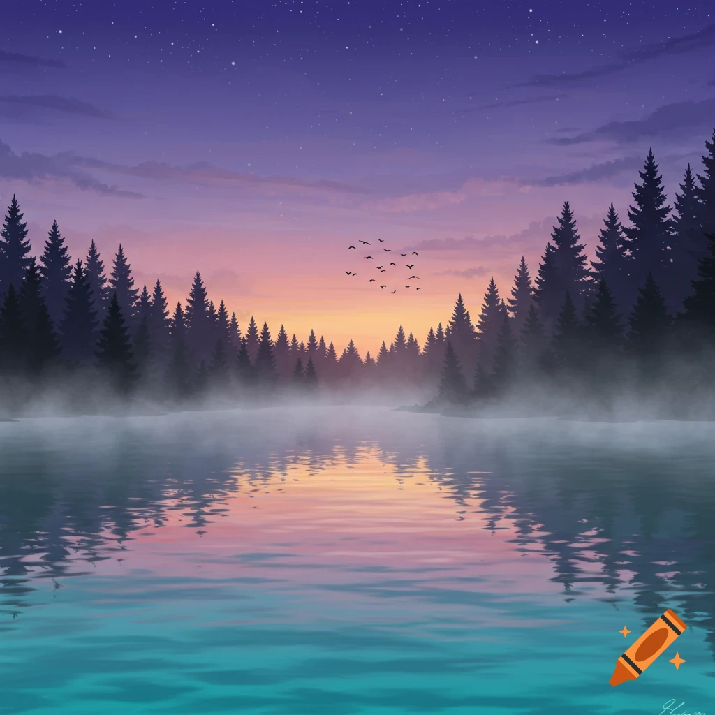 Digital illustration of a serene lake reflecting a colorful sunset/sunrise sky, bordered by misty pine forests and a starry sky.