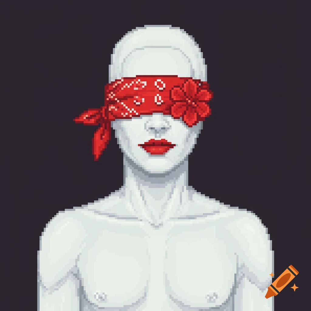 Pixel art portrait of a bare-chested person with white skin, red lips, and a red bandana with a flower covering their eyes.