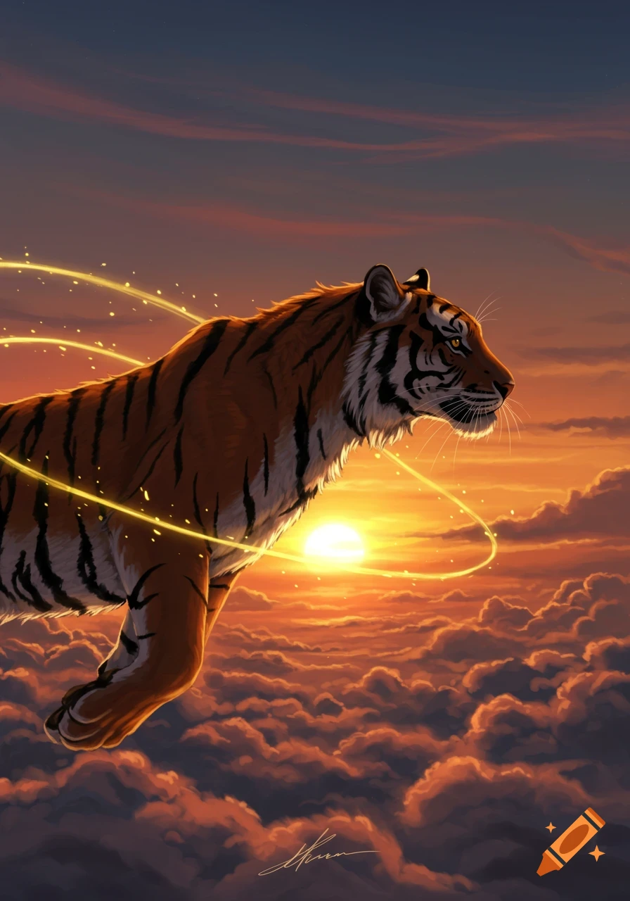 A majestic tiger with golden glowing trails flies over clouds during a vibrant sunset, digital art.