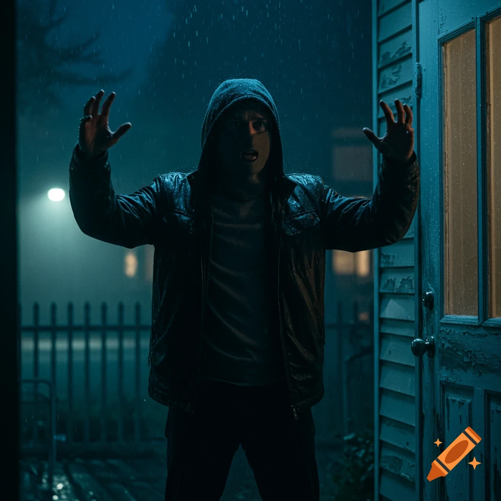 Photorealistic image of a man in a balaclava and dark jacket, standing in the rain at night, with his arms raised in front of a house.