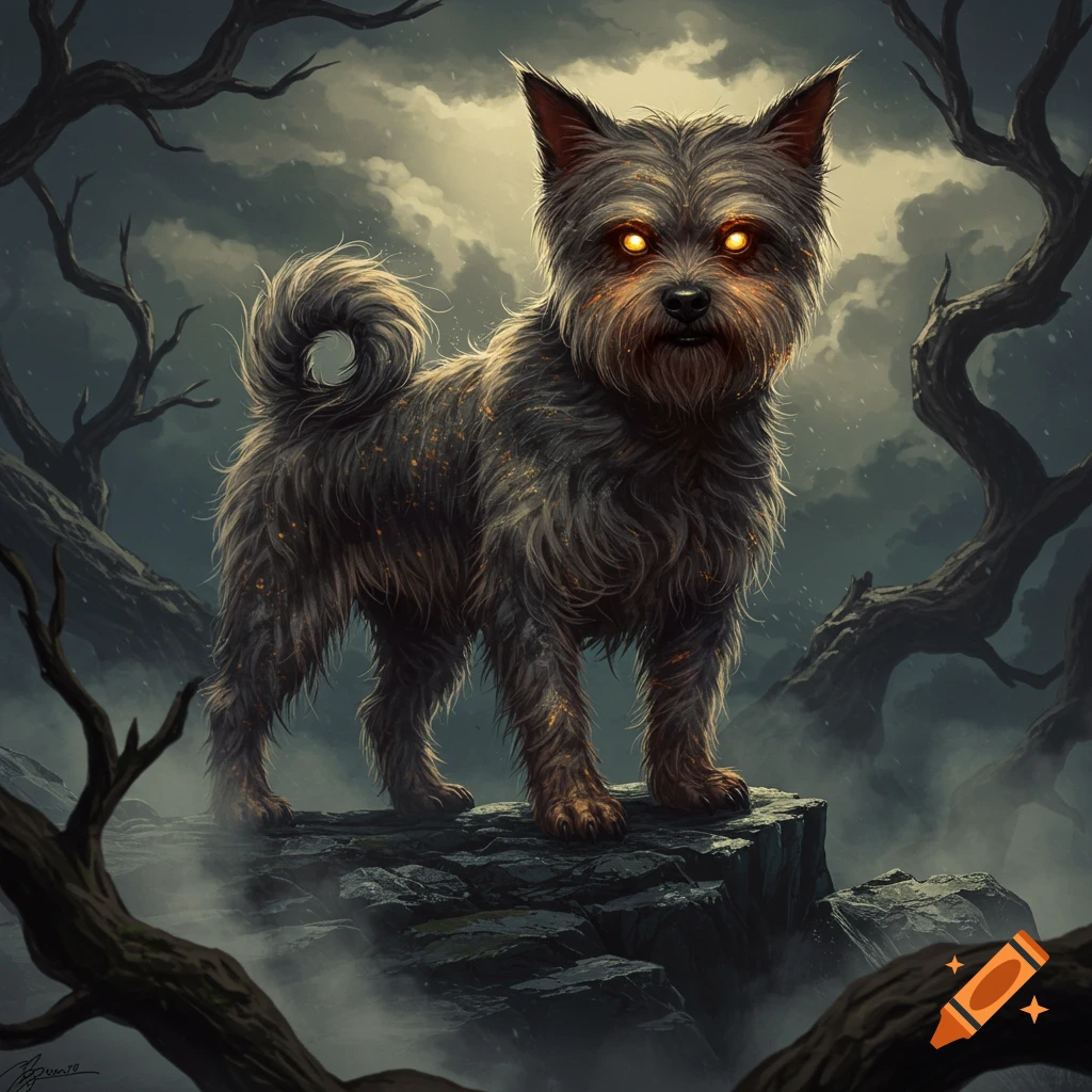 A dangerous-looking shih tzu with glowing orange eyes stands on a rocky cliff, surrounded by bare, gnarled trees and mist, in a dark fantasy art style.