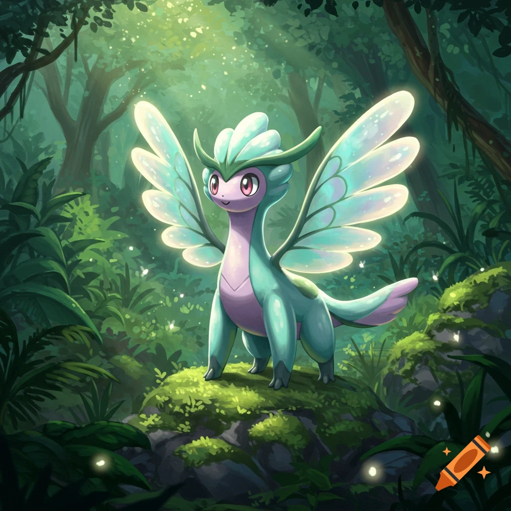 A cute, light blue and purple winged creature with glowing wings stands on a mossy rock in a lush, sun-dappled forest. Pokémon style.