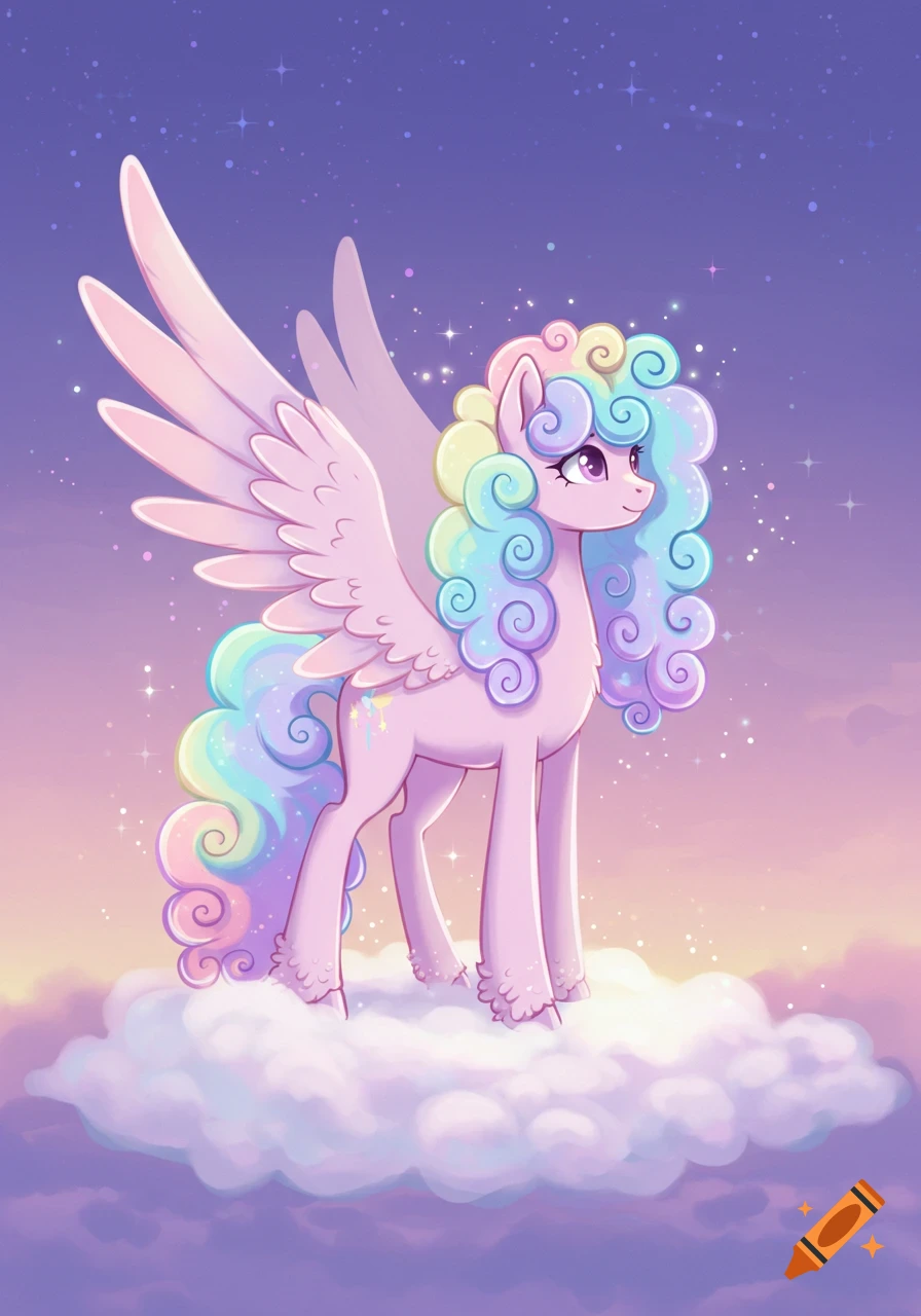A cute, light pink cartoon pegasus with long curly pastel rainbow hair stands on a fluffy cloud in a starry, pastel sky.
