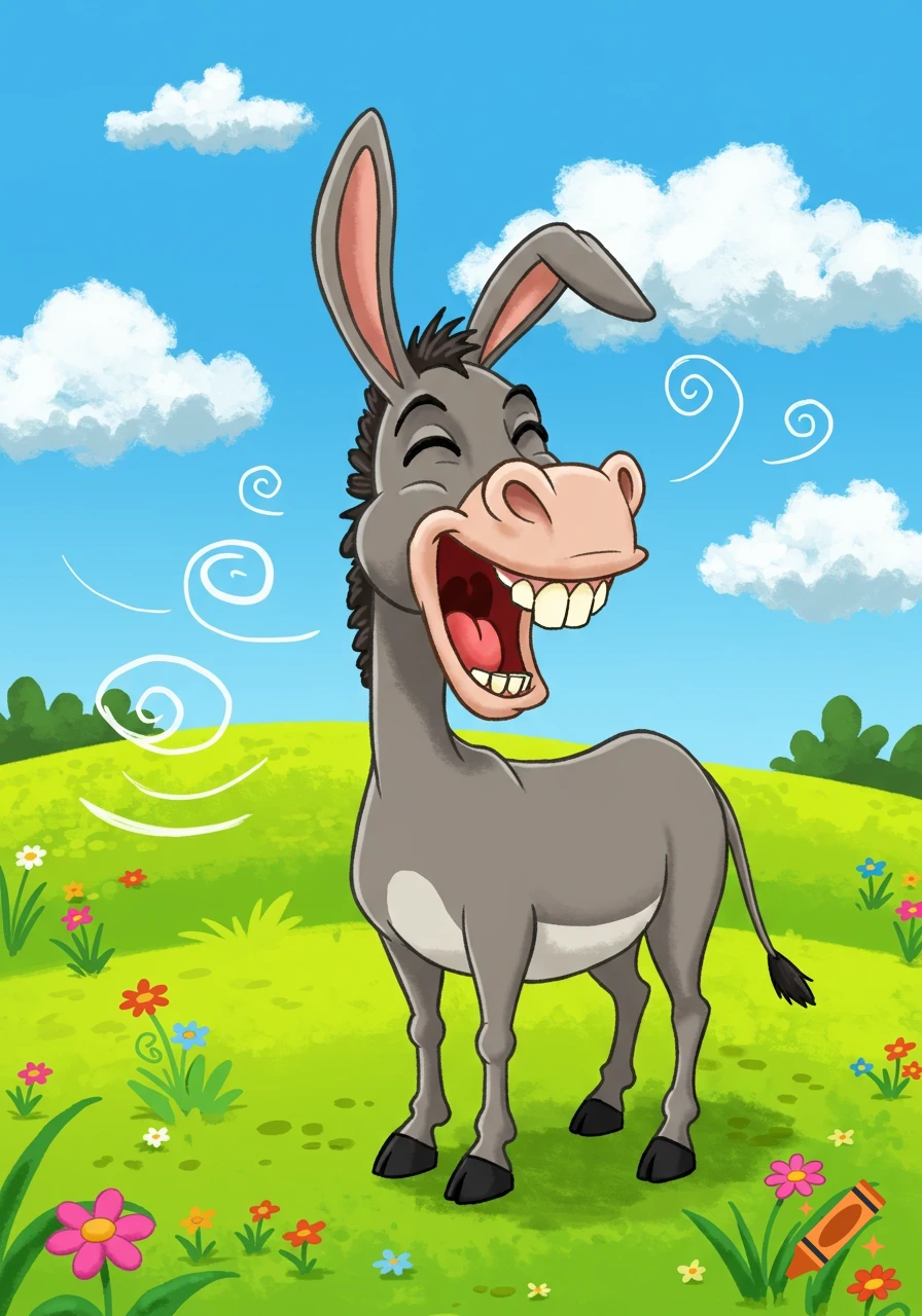 A joyful gray cartoon donkey with big teeth laughs loudly in a vibrant green field with colorful flowers under a blue sky.