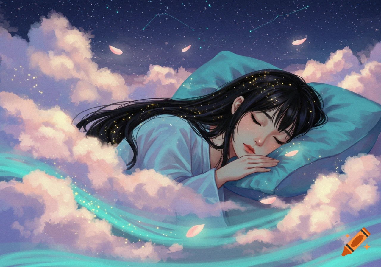 Anime illustration of an Asian girl sleeping on a blue pillow surrounded by glowing clouds, petals, and stars.