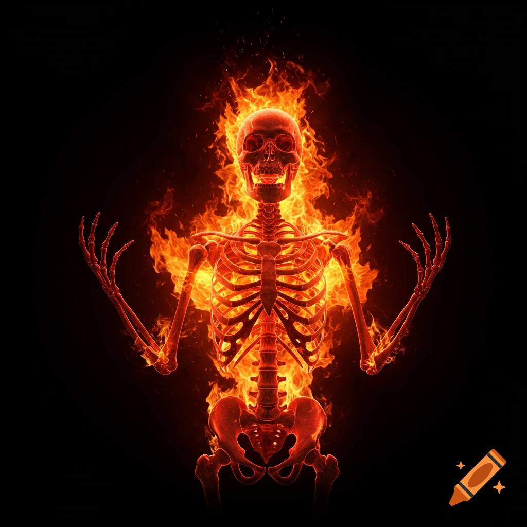 A dramatic illustration of a human skeleton engulfed in roaring flames, with its mouth agape and arms raised against a black background.