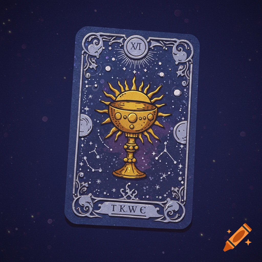 A stylized tarot card featuring a golden chalice with a sun motif, against a dark blue background filled with stars and constellations.