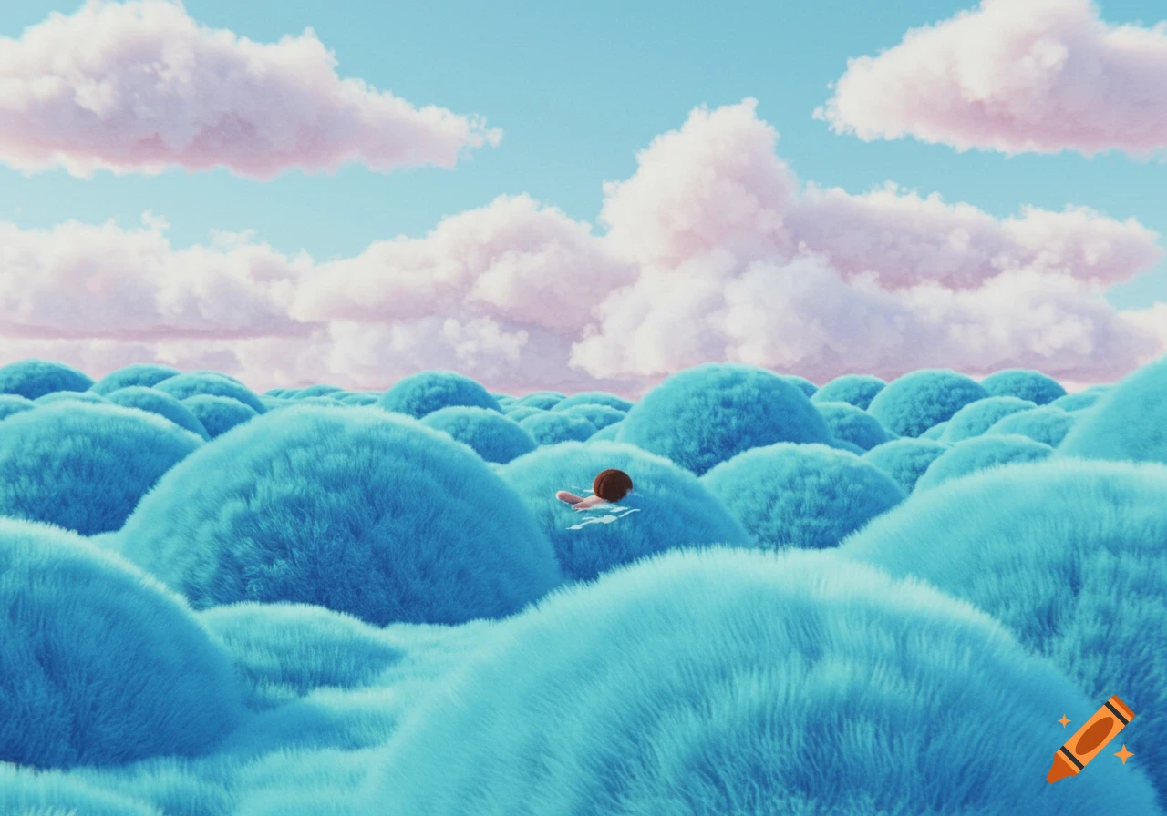 A whimsical landscape of fluffy blue hills like an ocean, with a tiny figure swimming under a sky of pink clouds.