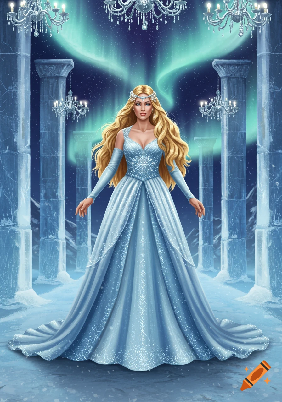 A blonde woman in a sparkling light blue gown and tiara stands in an icy hall with columns, chandeliers, and an aurora borealis sky.