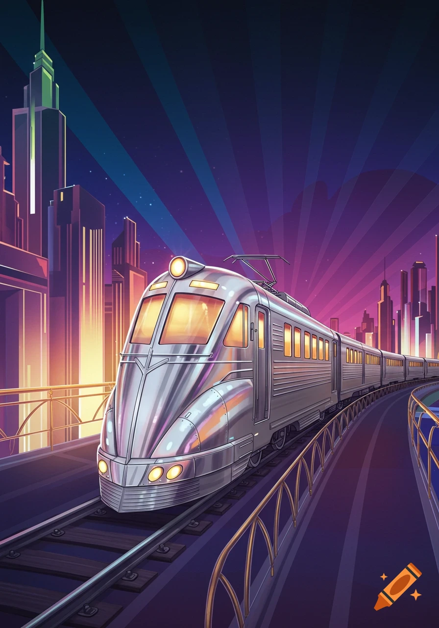 A sleek silver Art Deco train travels through a vibrant, luminous cityscape at night.