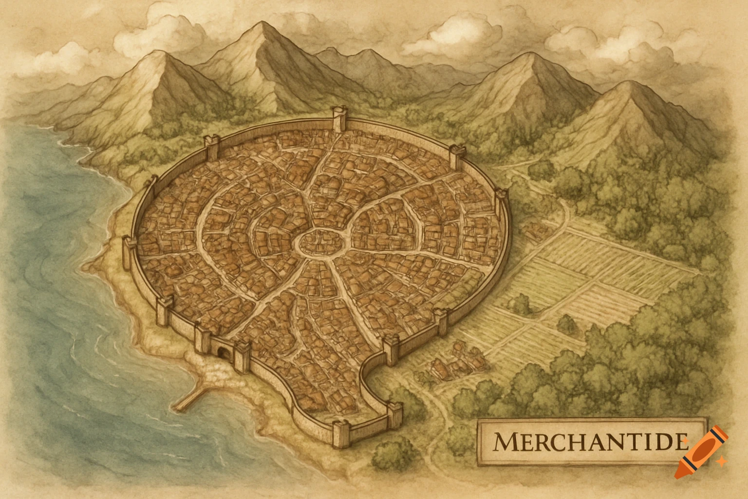 Hand-drawn map of a coastal city named Merchantide, nestled between mountains with farmland and forests to the east.