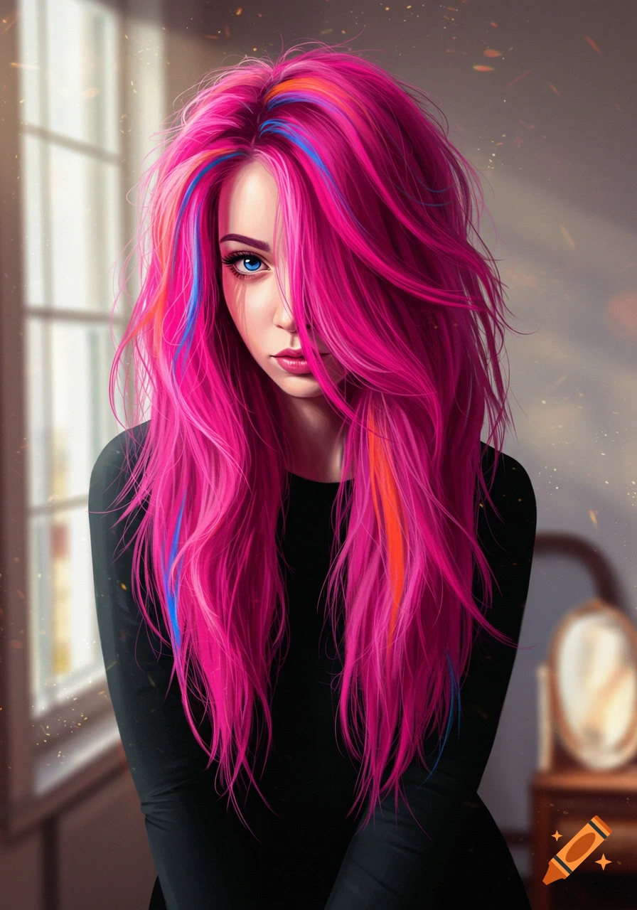 A stylized portrait of a woman with long, vibrant pink hair streaked with blue and orange, and piercing blue eyes. She wears a black top.