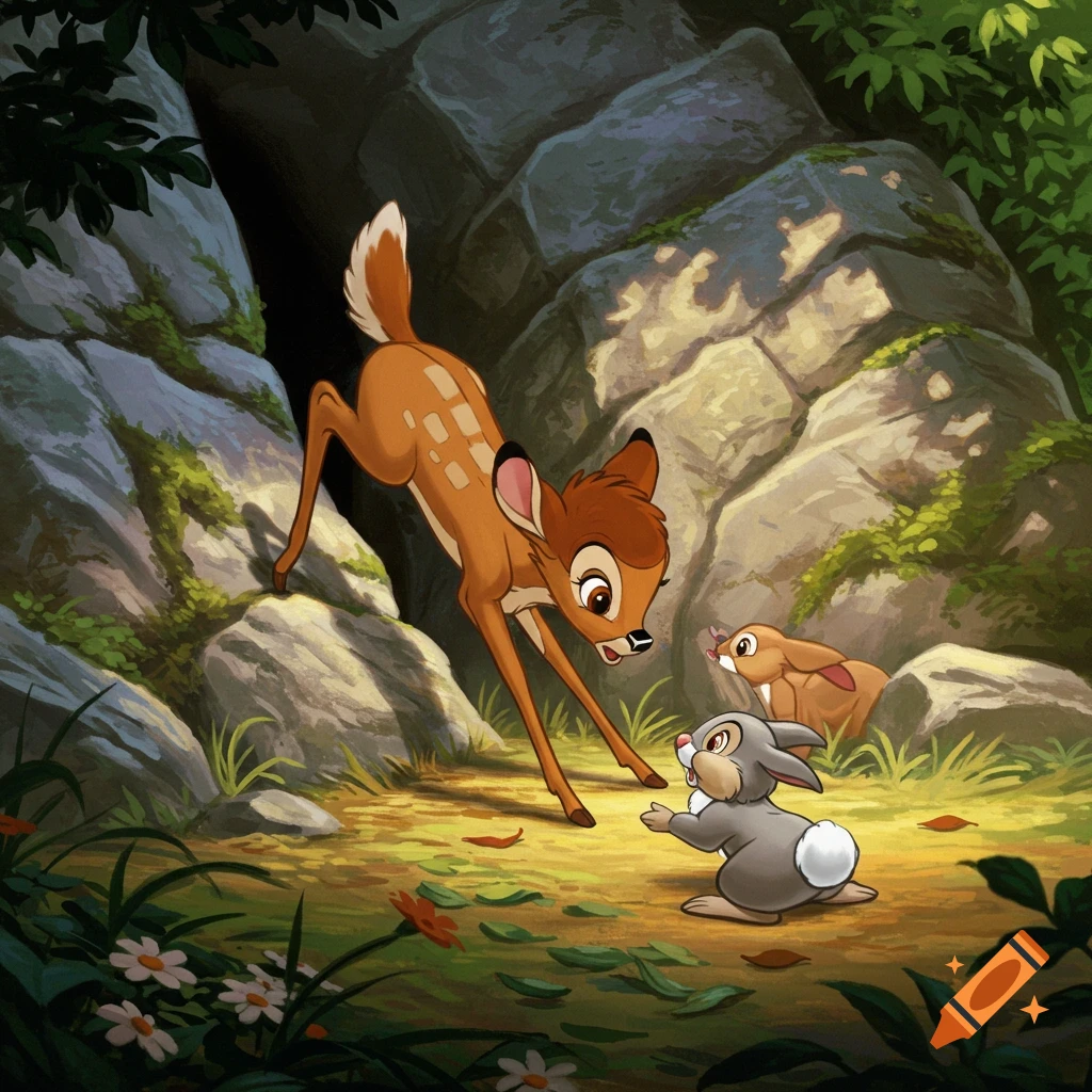 Bambi, Thumper, and another rabbit in a classic animated forest scene with rocks and greenery.