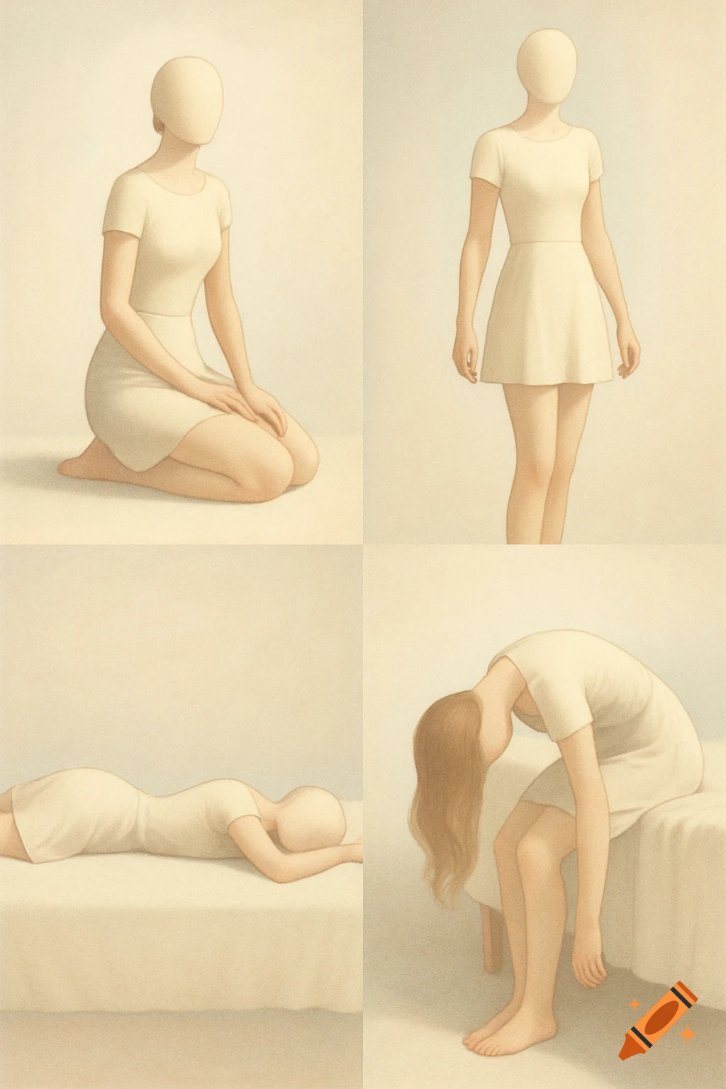 Four minimalist panels showing a faceless feminine figure in various poses: kneeling, standing, lying face down, and sitting with head bowed.