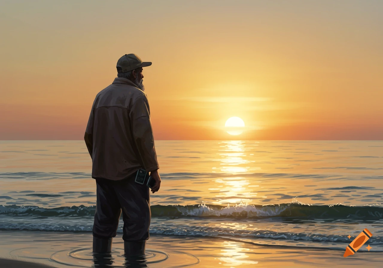 Digital painting of an old man in a cap and coat standing in the ocean at sunset, gazing at the horizon.