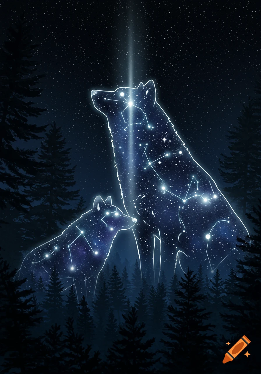 A large and small wolf, outlined in light and filled with stars, stand in a dark pine forest under a starry night sky with a beam of light.