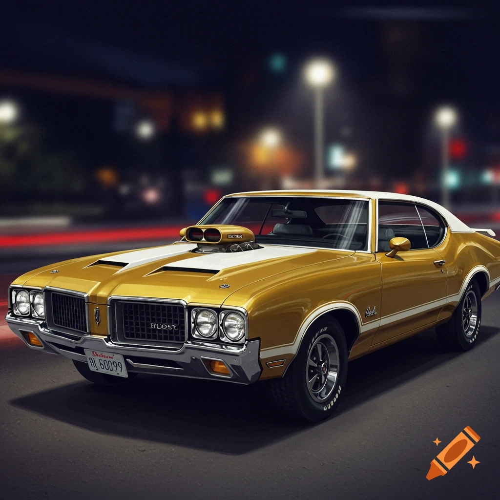 A gold and white Oldsmobile Hurst/Olds muscle car with a large hood scoop, parked on a street at night with blurry city lights in the background.