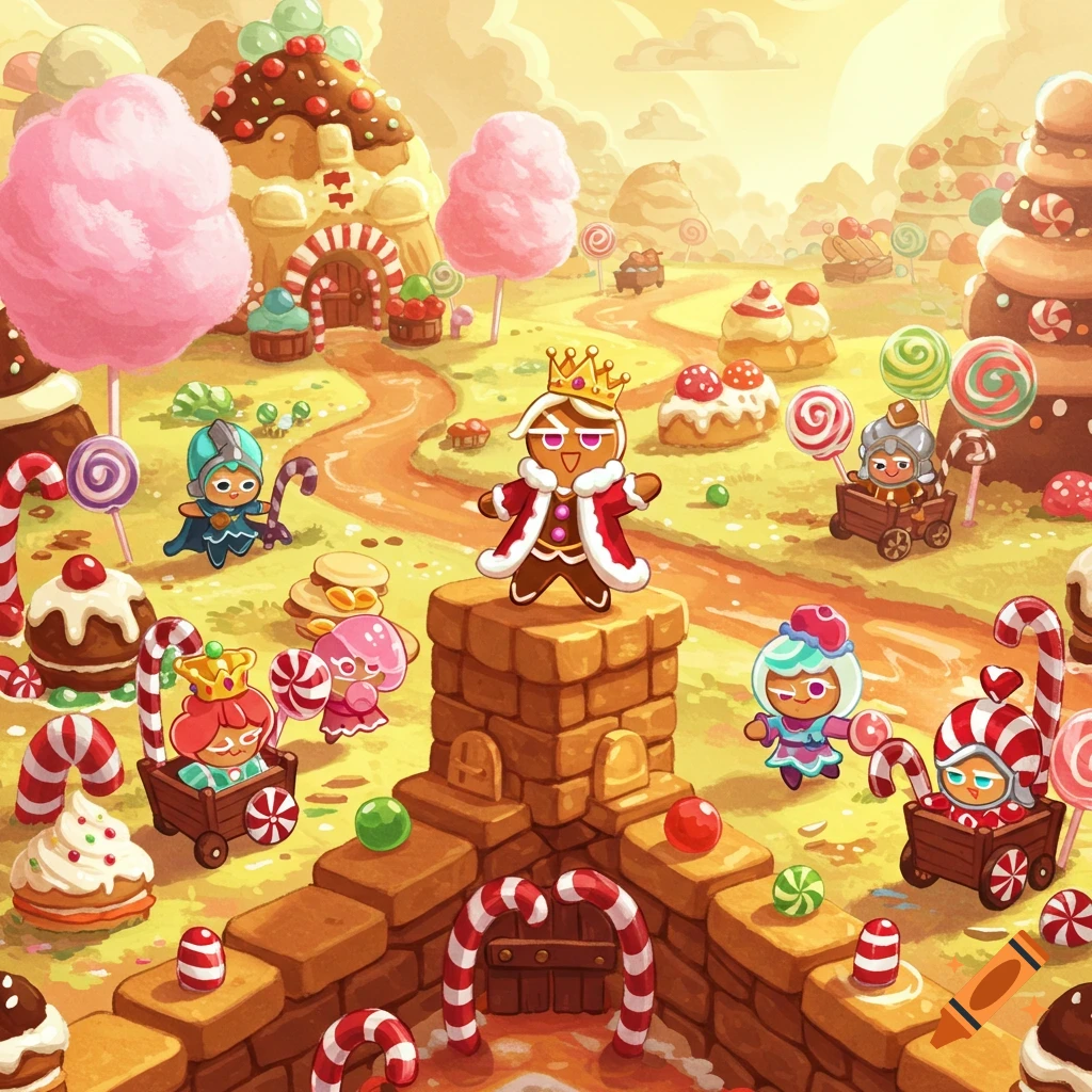 King Cookie stands on a gingerbread block in a colorful candy kingdom with other cookie characters, lollipop trees, and sweets.