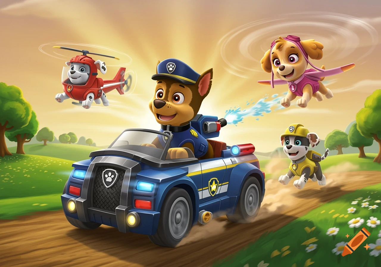 Cartoon Paw Patrol characters Chase in a police car, Marshall in a helicopter, Skye flying, and Rubble running through a sunny field.