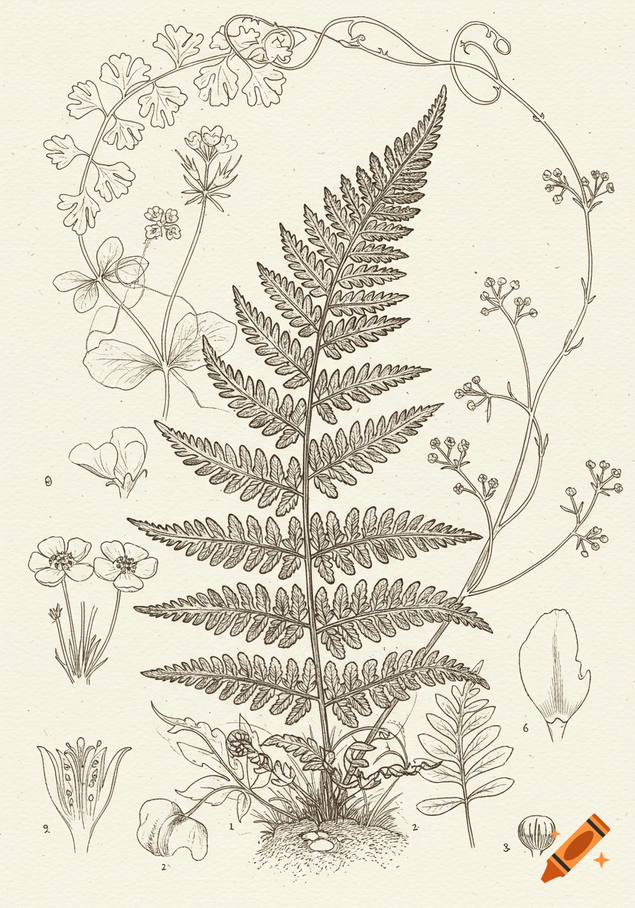 Vintage botanical illustration of a large fern and other plants with detailed, labeled parts in a hand-drawn line art style.